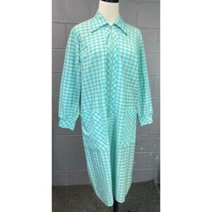 Vintage 1970s Turquoise White Checked Gingham  Plaid House Dress Duster Medium